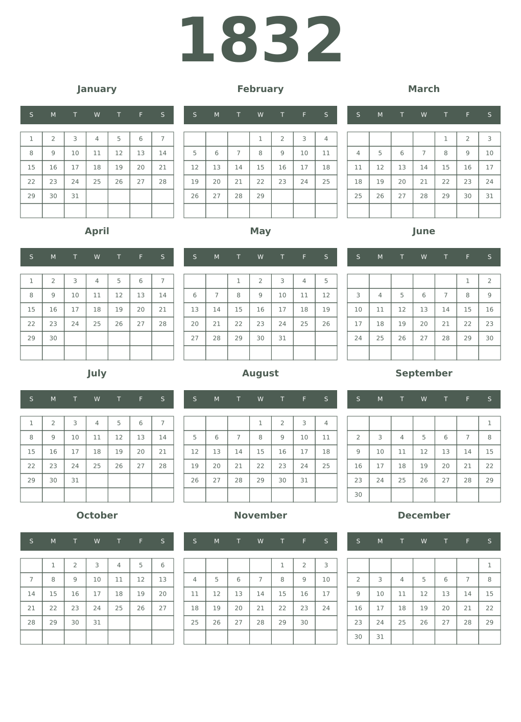 Printable 1832 Year Calendars feldgrau