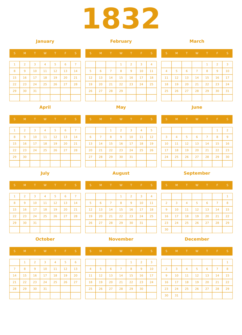 Printable 1832 Year Calendars gamboge