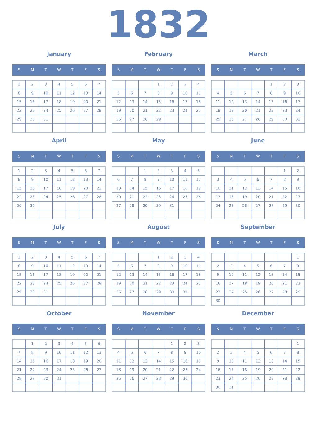 Printable 1832 Year Calendars glaucous