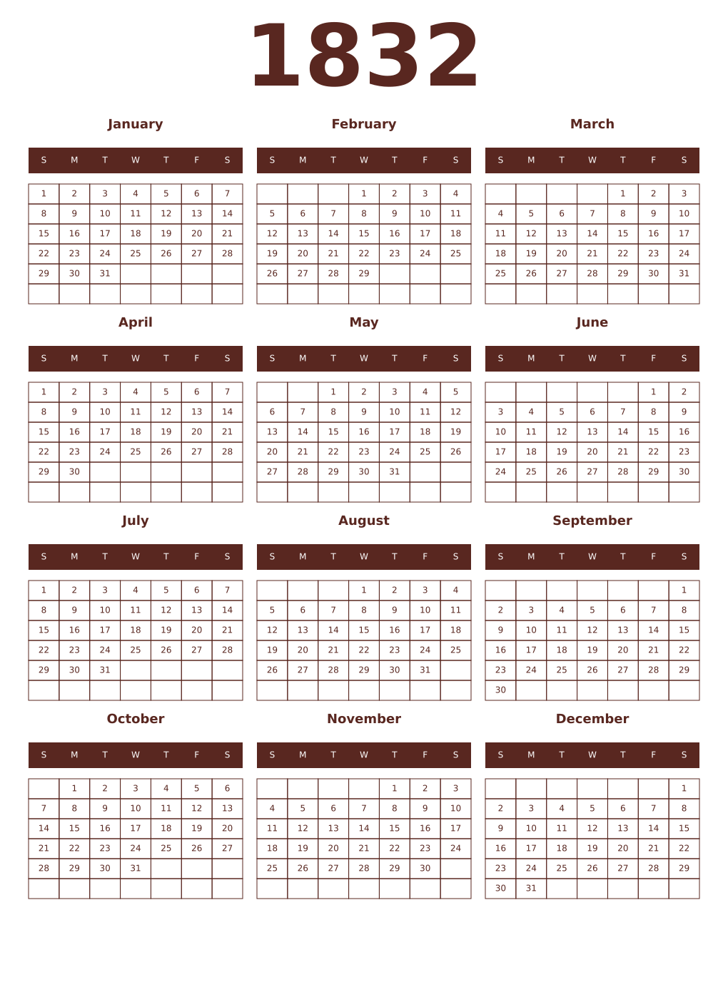 Printable 1832 Year Calendars mortuum