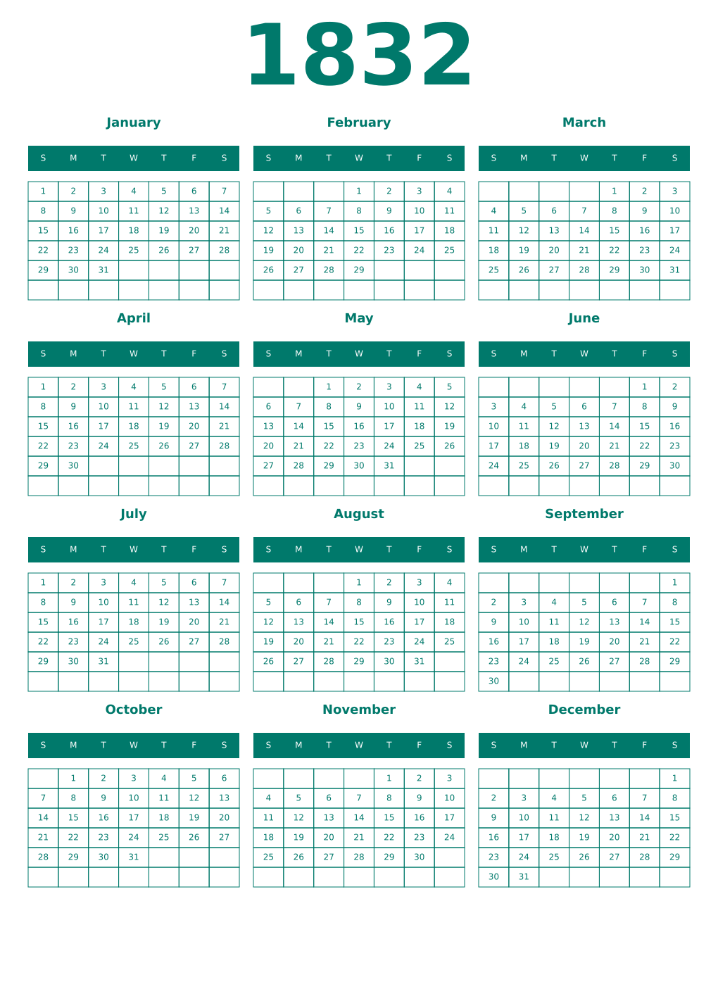 Printable 1832 Year Calendars pastel