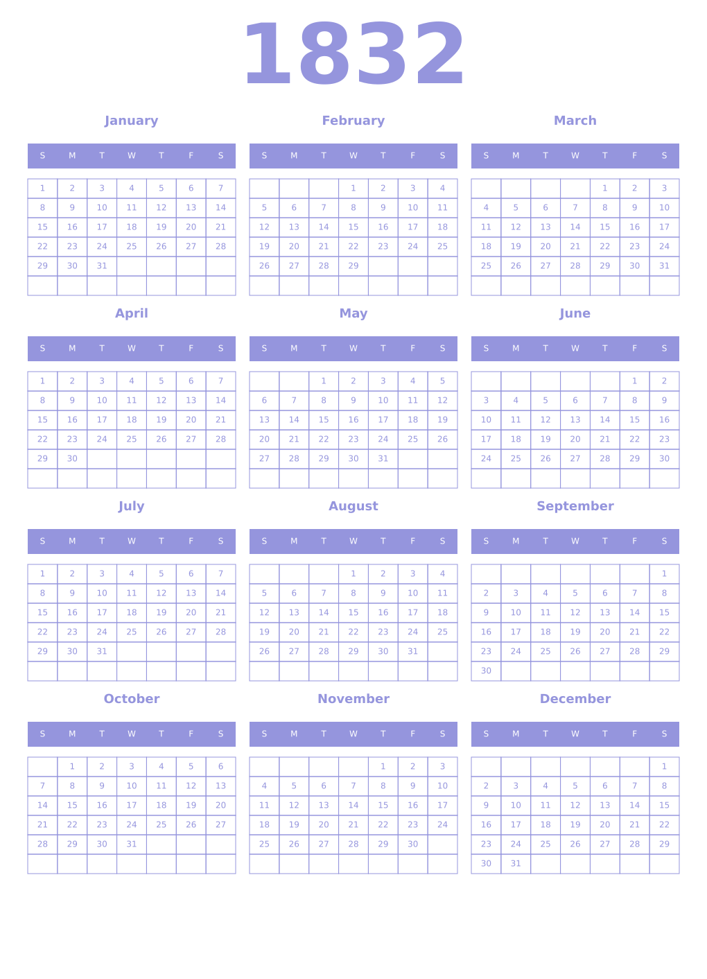 Printable 1832 Year Calendars periwinkle