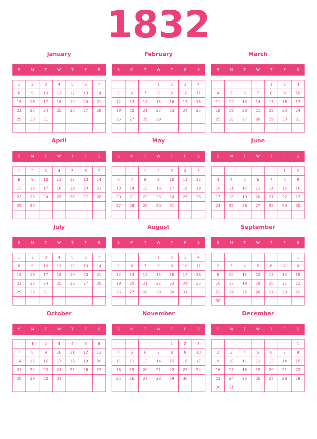 Printable 1832 Year Calendars pink