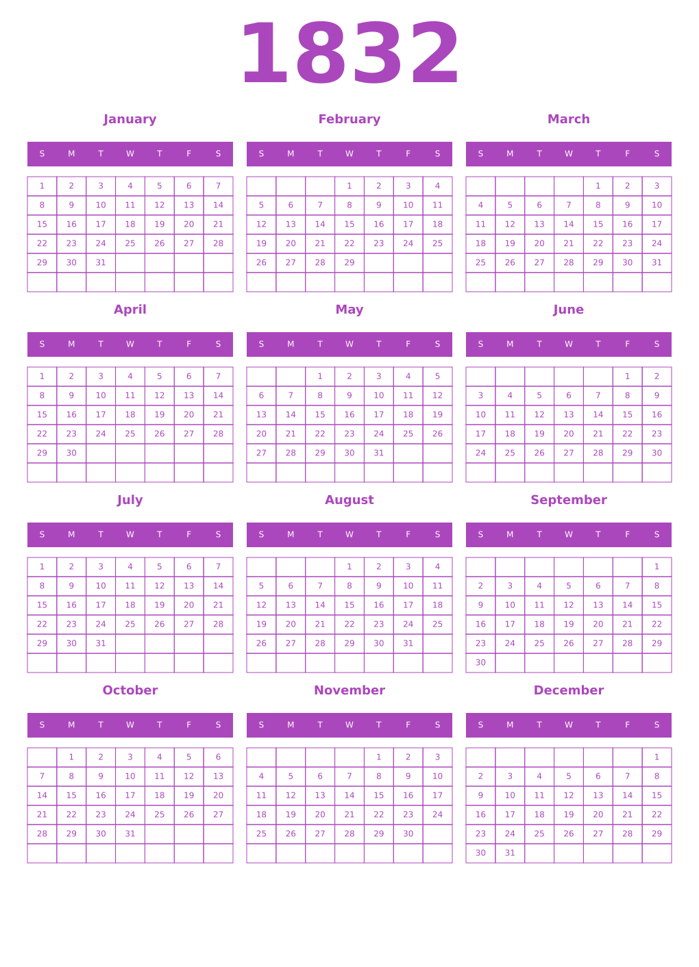 Printable 1832 Year Calendars purple