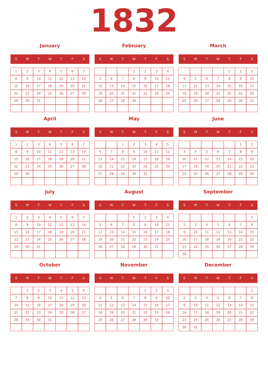 Printable 1832 Year Calendars red