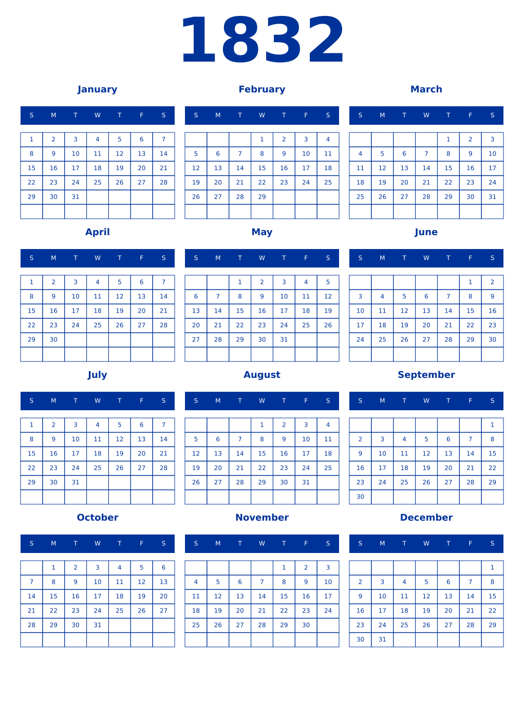 Printable 1832 Year Calendars smalt