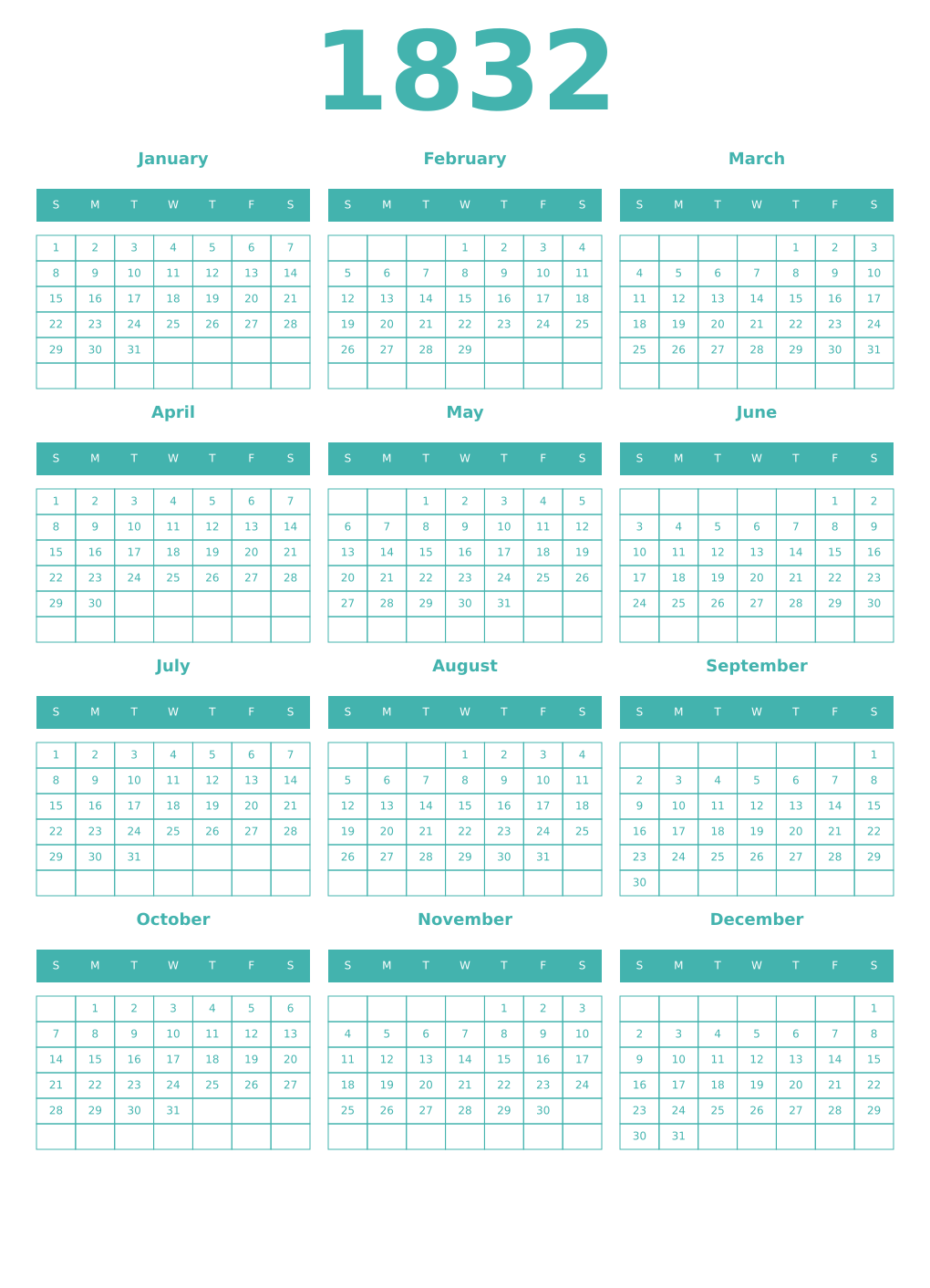 Printable 1832 Year Calendars verdigris