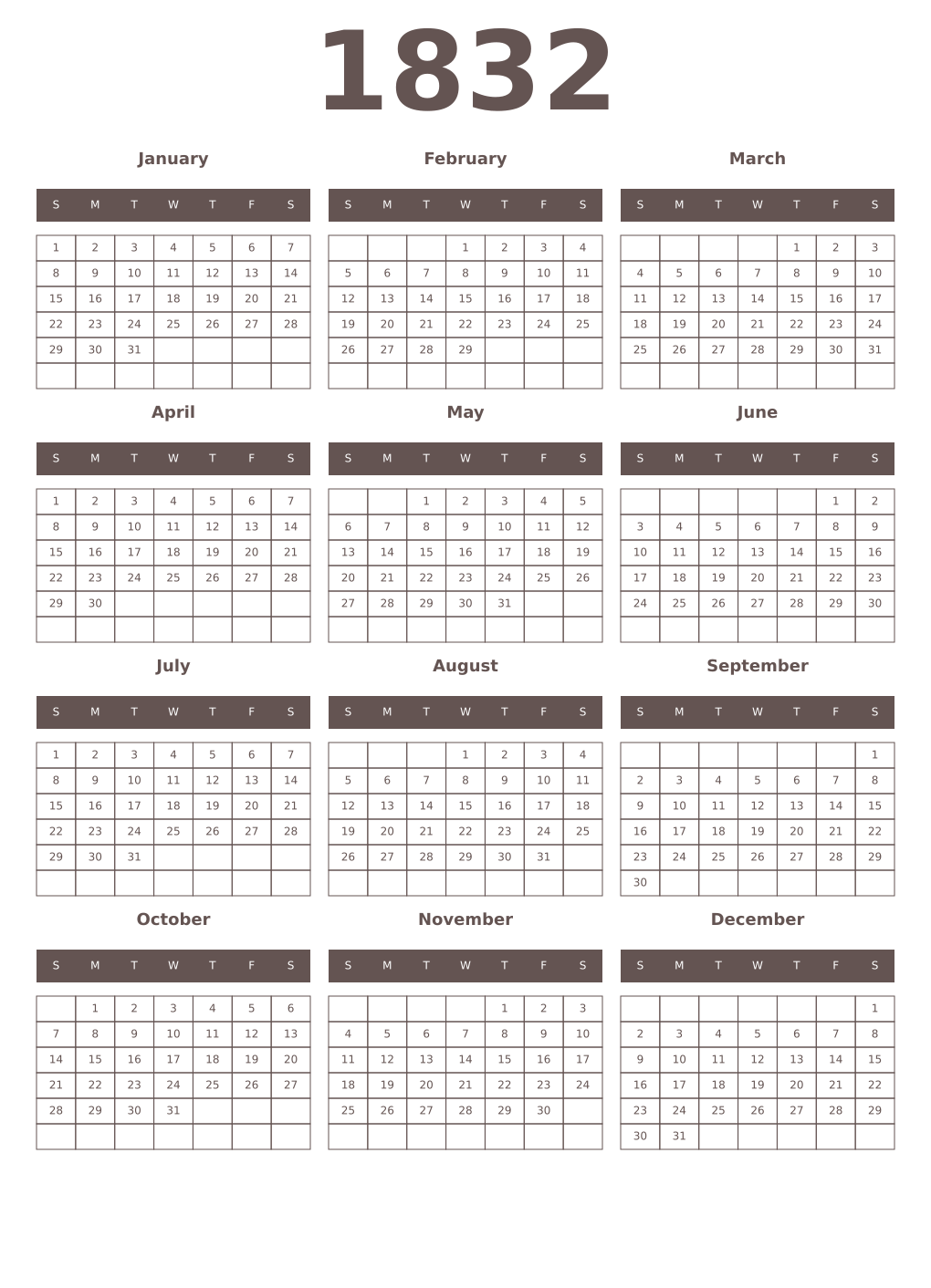 Printable 1832 Year Calendars wenge