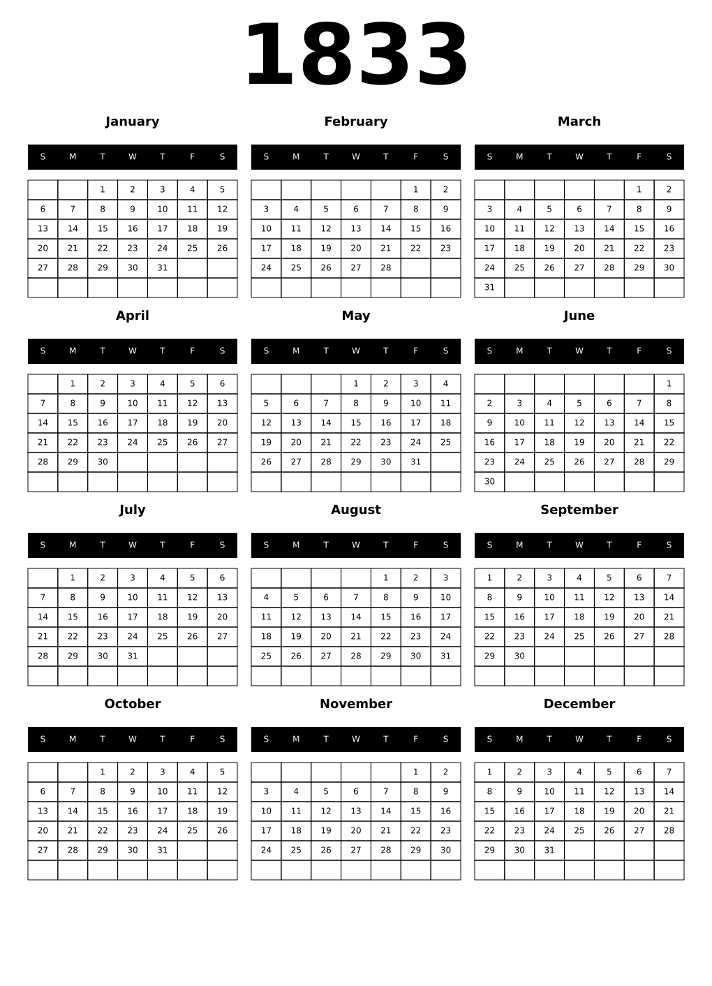 Printable 1833 Calendars