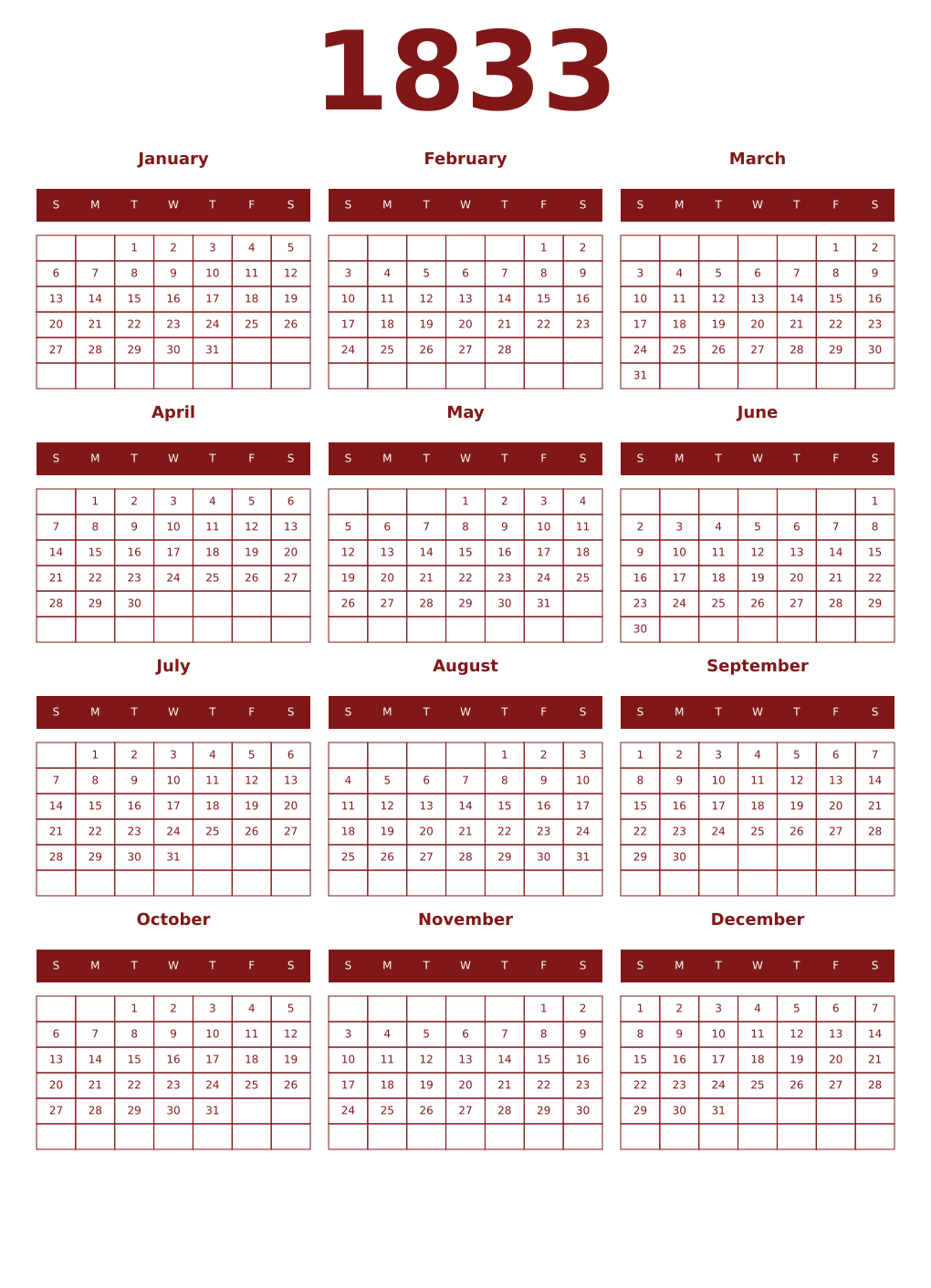 Printable 1833 Year Calendars falu