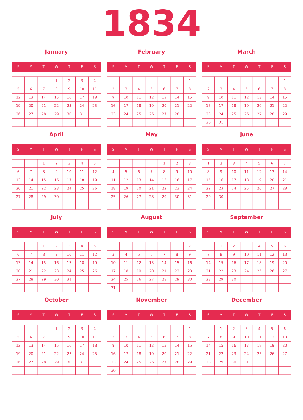 Printable 1834 Year Calendars amaranth