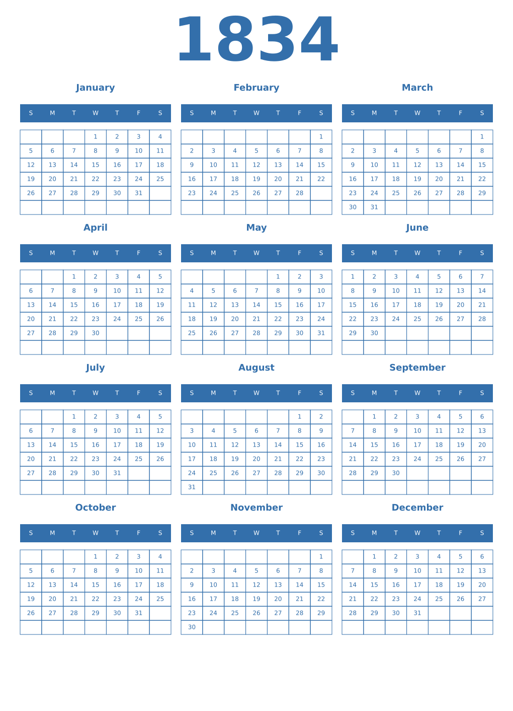 Printable 1834 Year Calendars blue