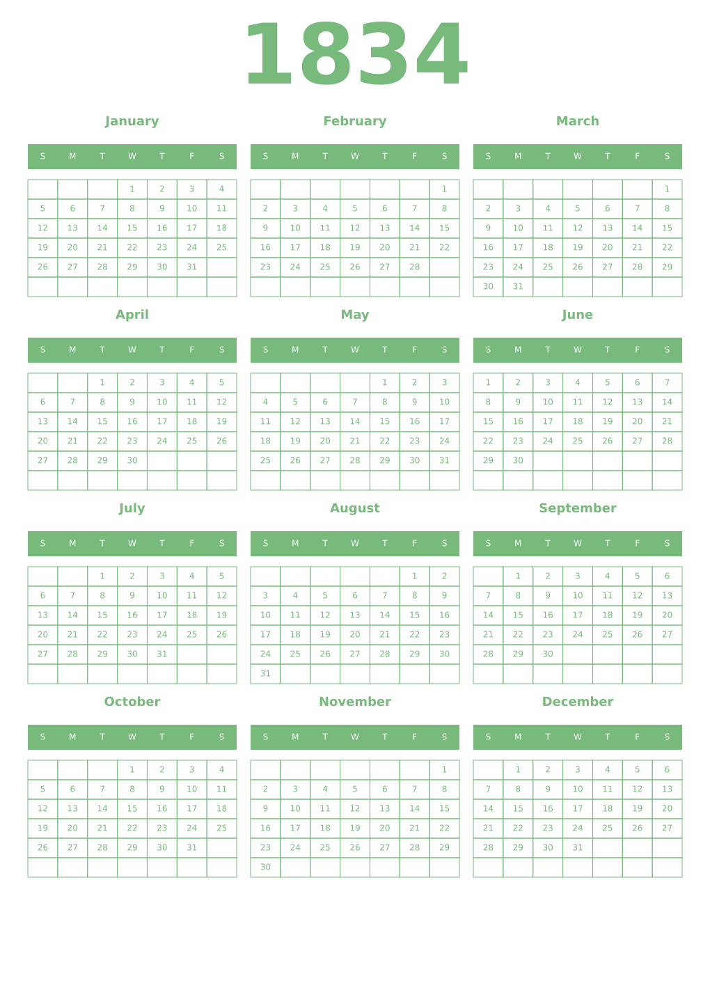 Printable 1834 Year Calendars celadon