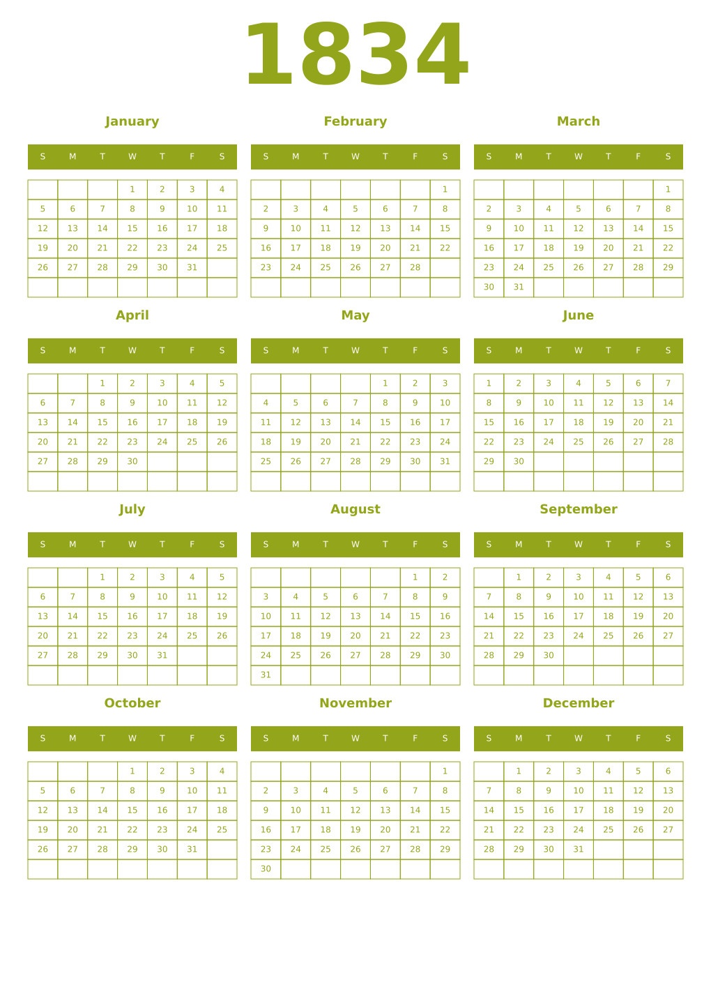 Printable 1834 Year Calendars chartreuse