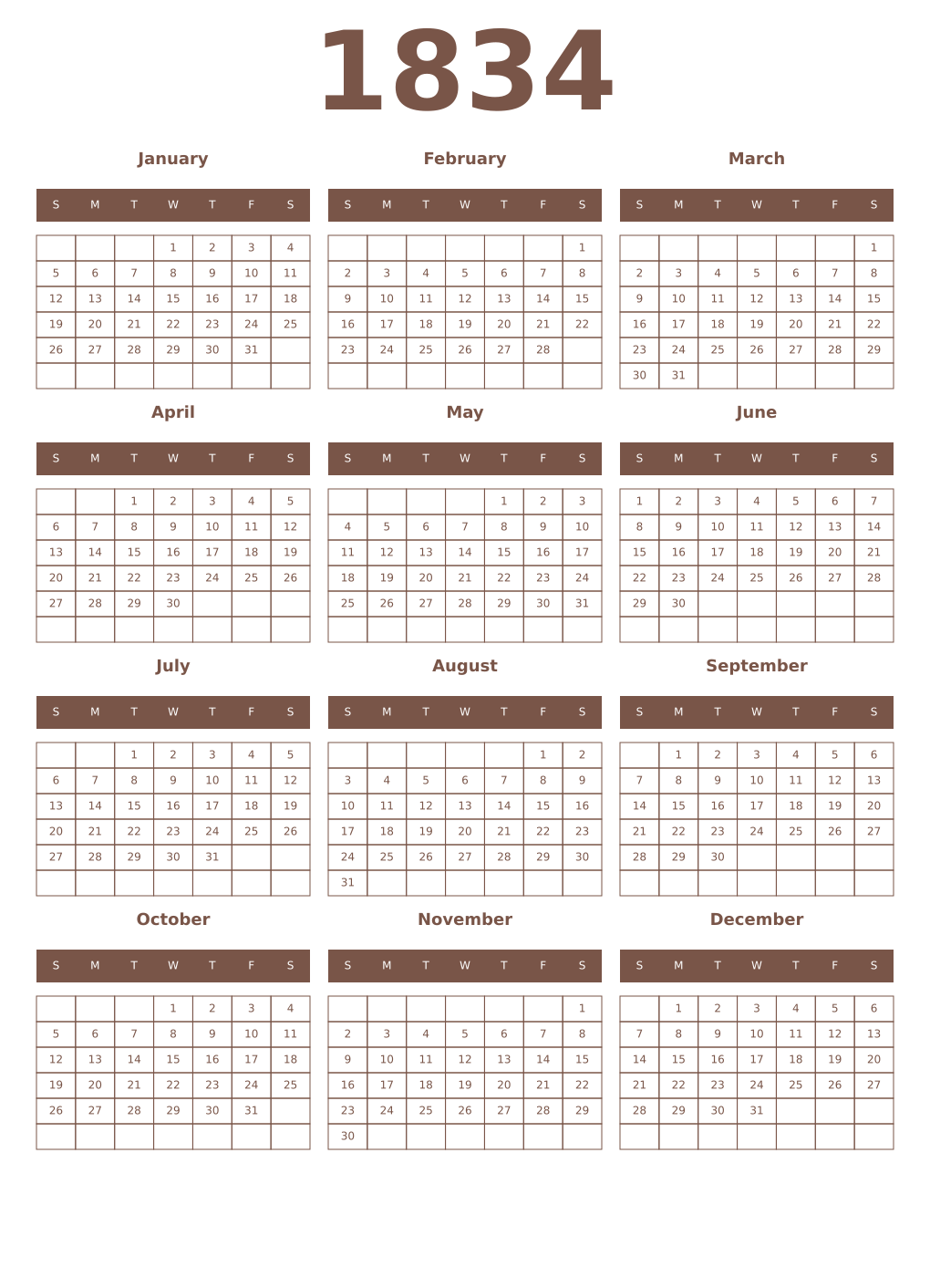 Printable 1834 Year Calendars coffe