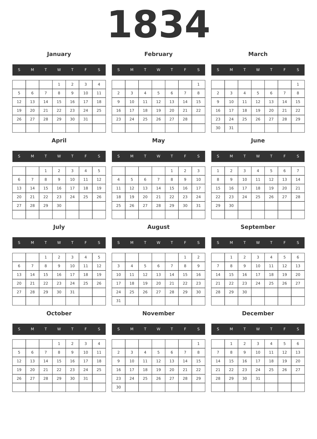 Printable 1834 Year Calendars dark