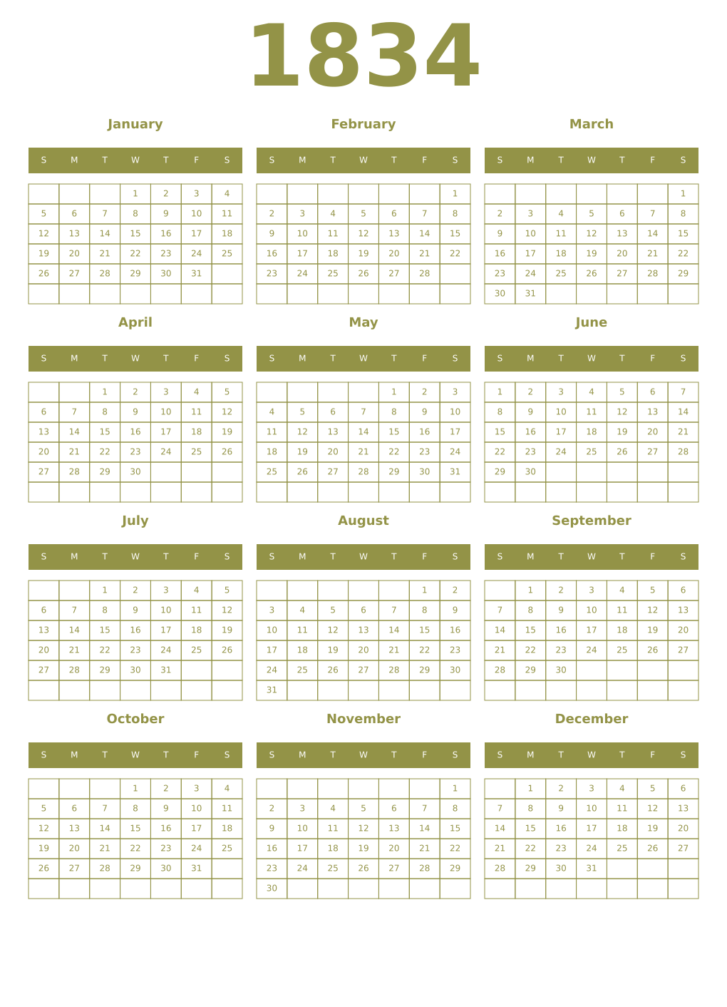 Printable 1834 Year Calendars eburnean