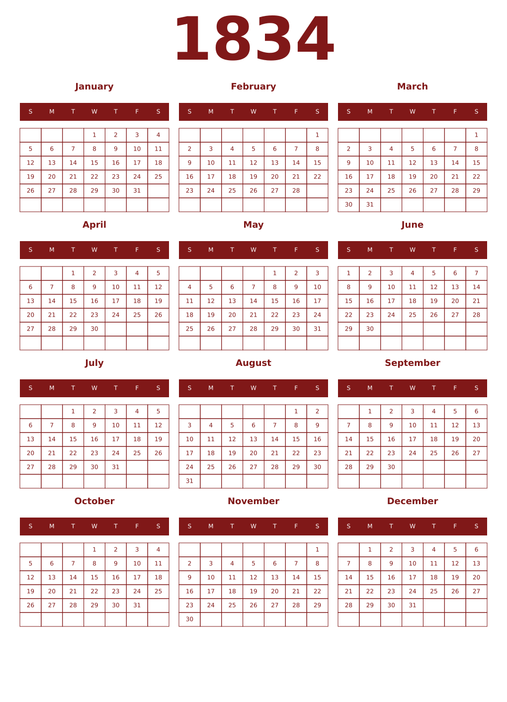 Printable 1834 Year Calendars falu