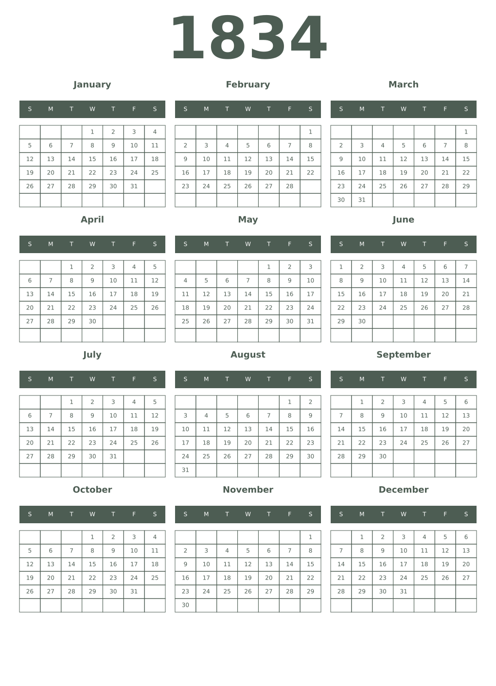 Printable 1834 Year Calendars feldgrau
