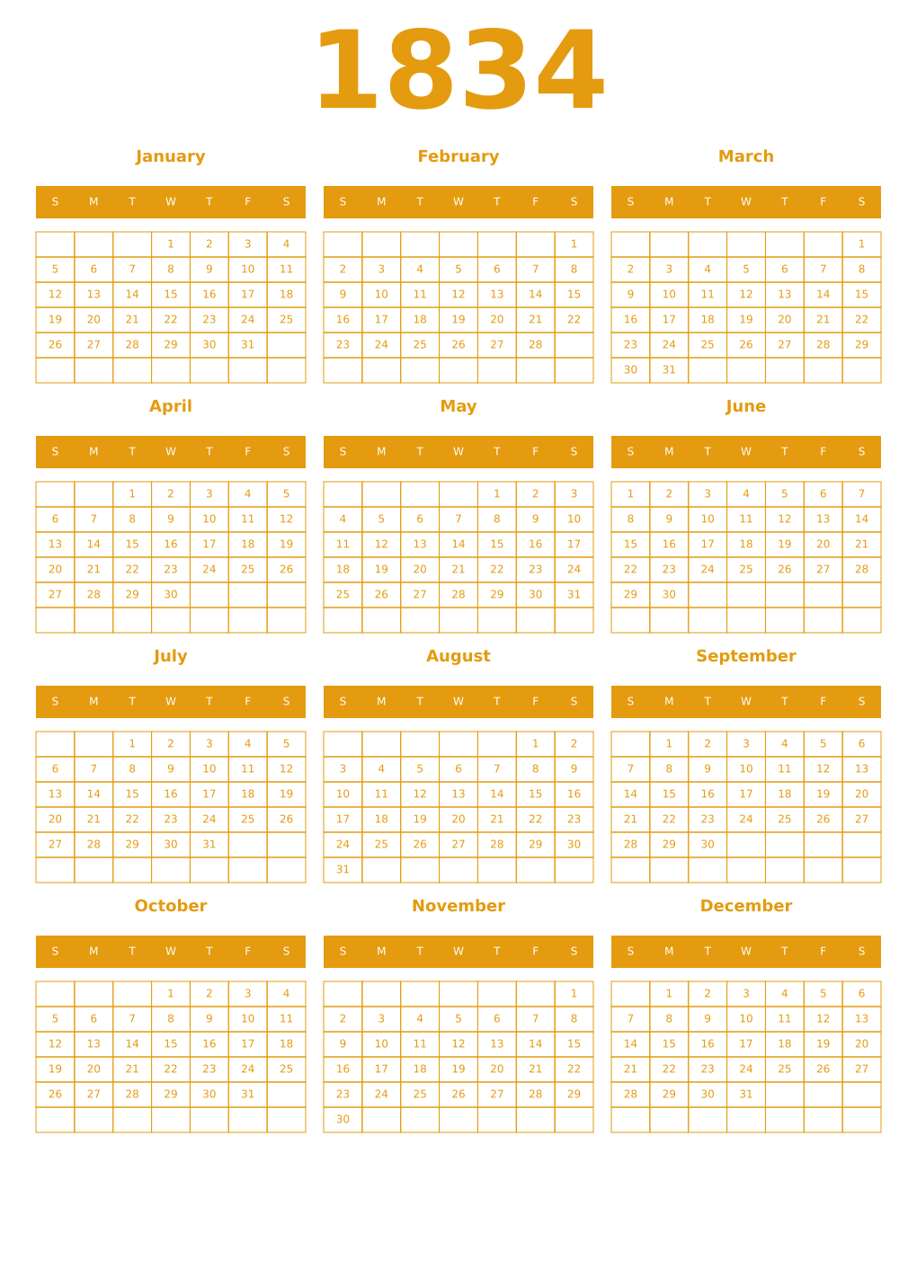Printable 1834 Year Calendars gamboge