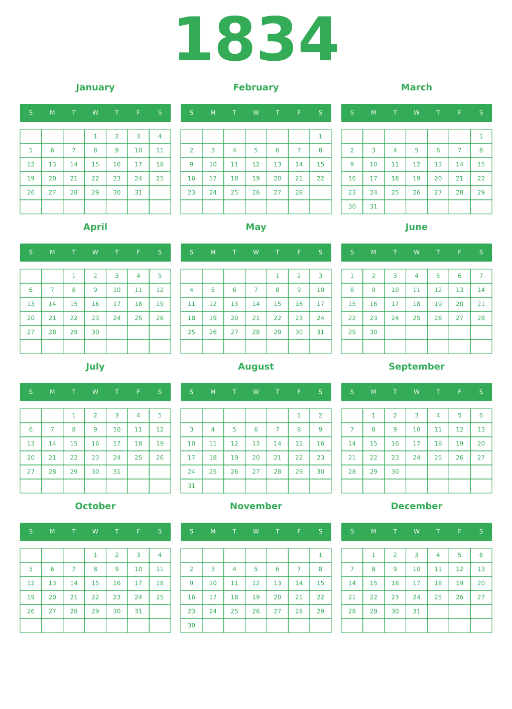 Printable 1834 Year Calendars green