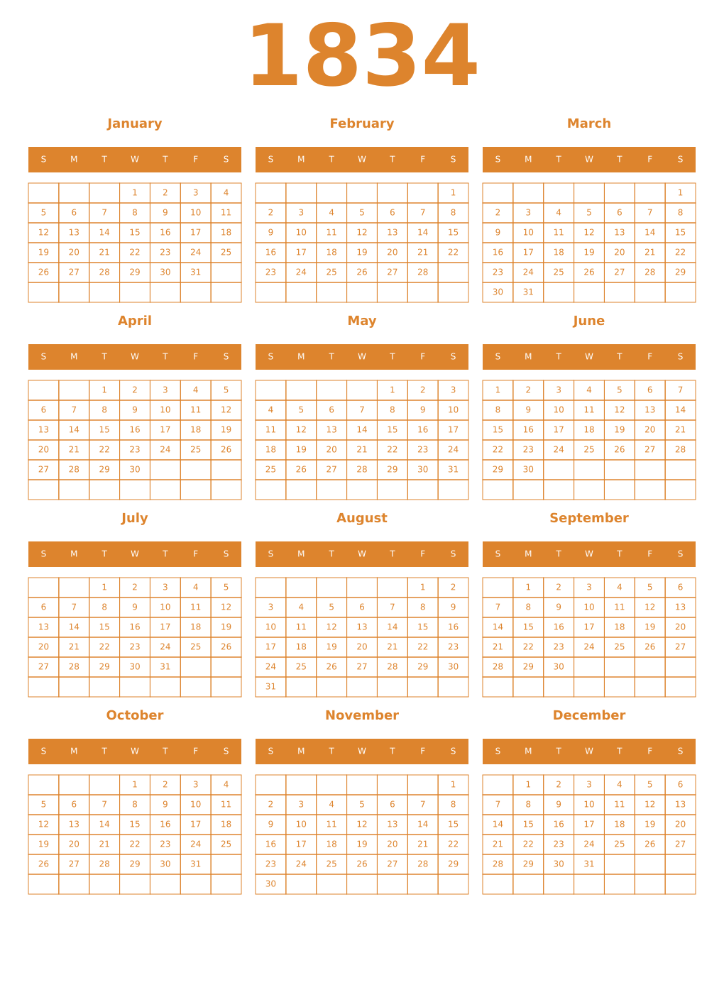 Printable 1834 Year Calendars orange