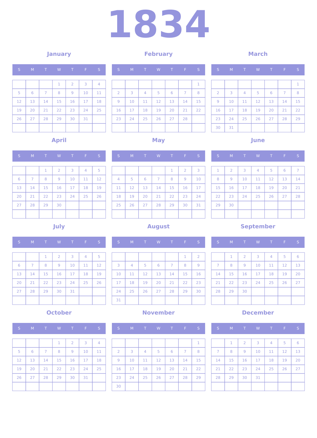Printable 1834 Year Calendars periwinkle