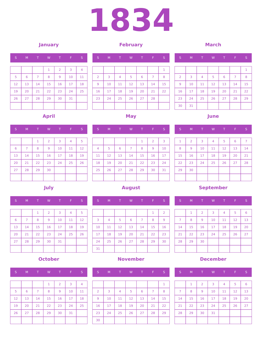 Printable 1834 Year Calendars purple