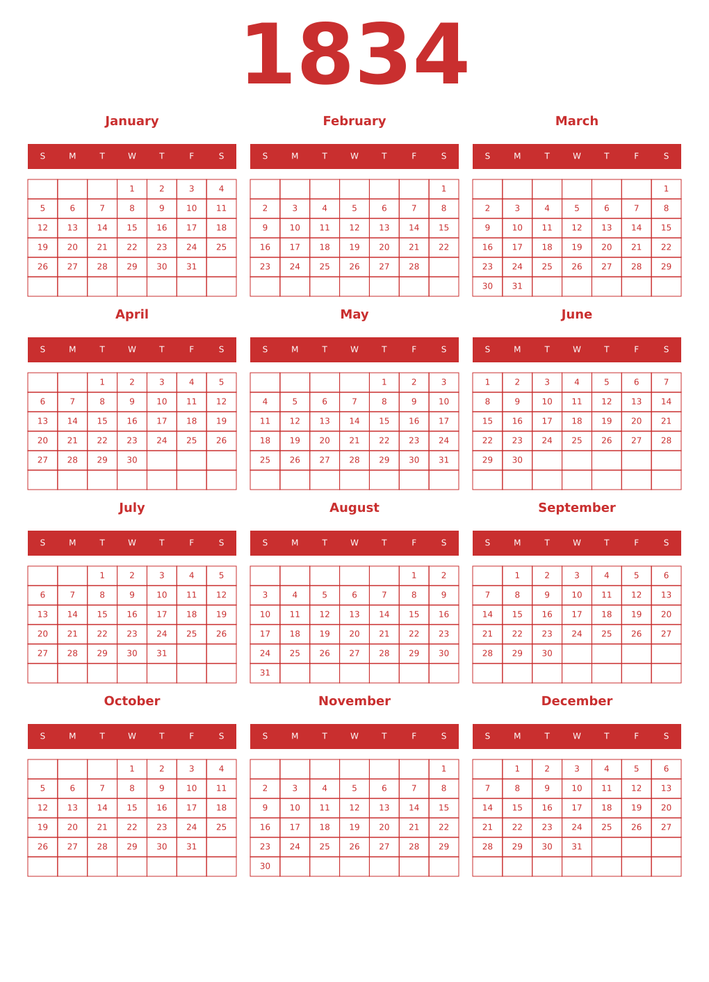 Printable 1834 Year Calendars red