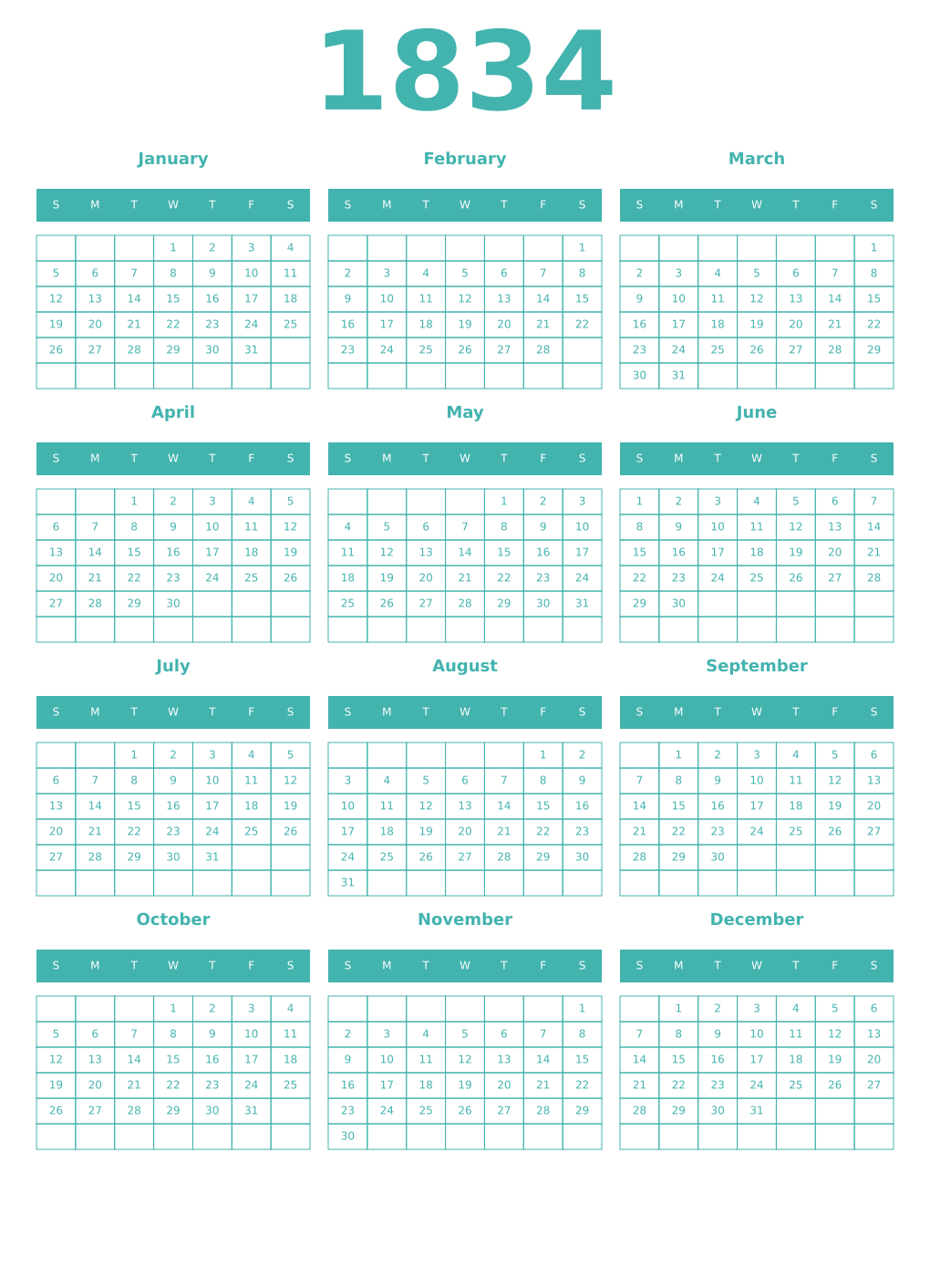 Printable 1834 Year Calendars verdigris