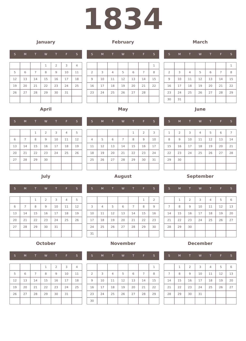 Printable 1834 Year Calendars wenge