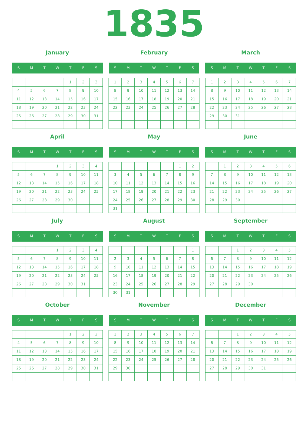 Printable 1835 Year Calendars green