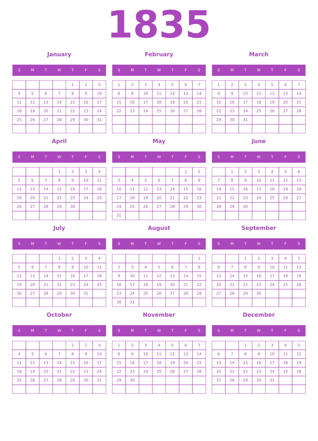 Printable 1835 Year Calendars purple
