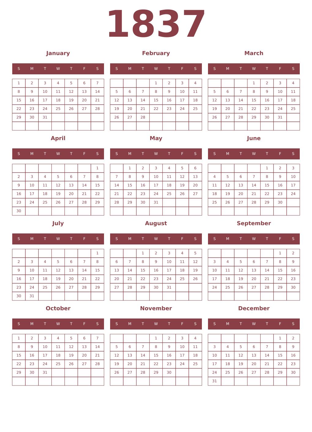 Printable 1837 Year Calendars cordovan