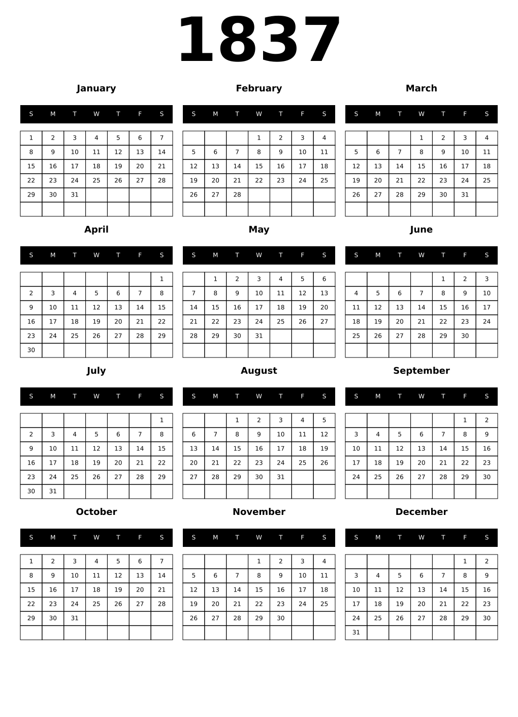 Printable 1837 Calendars