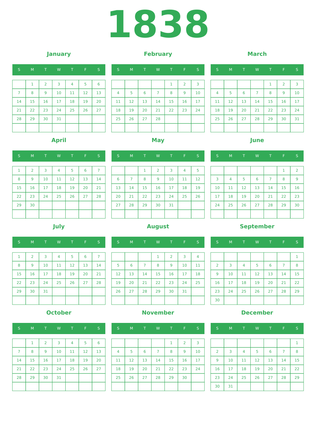 Printable 1838 Year Calendars green