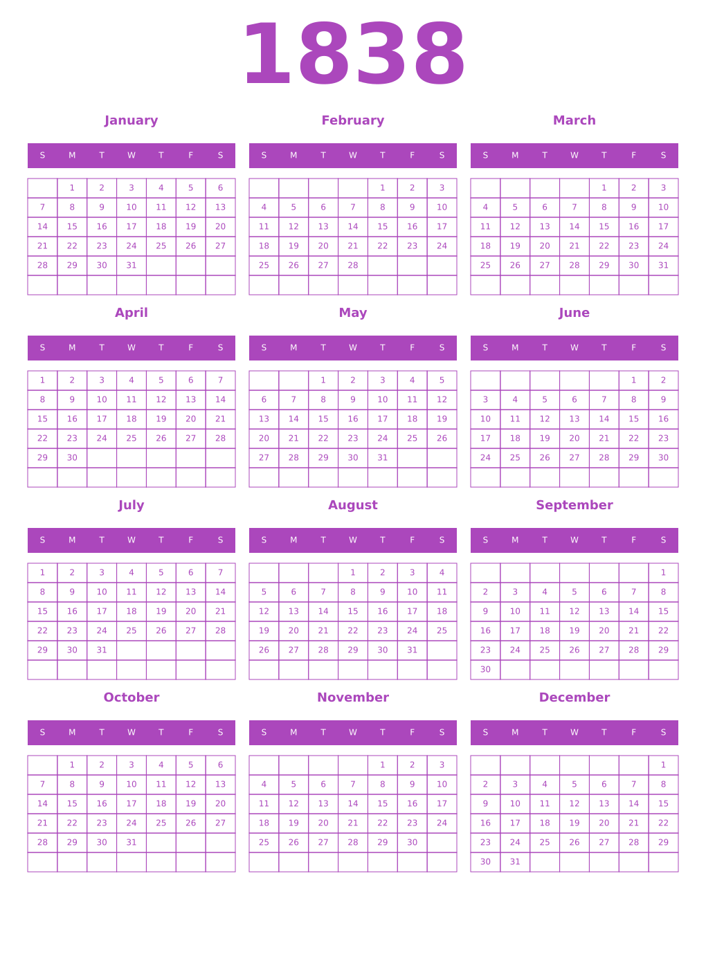 Printable 1838 Year Calendars purple