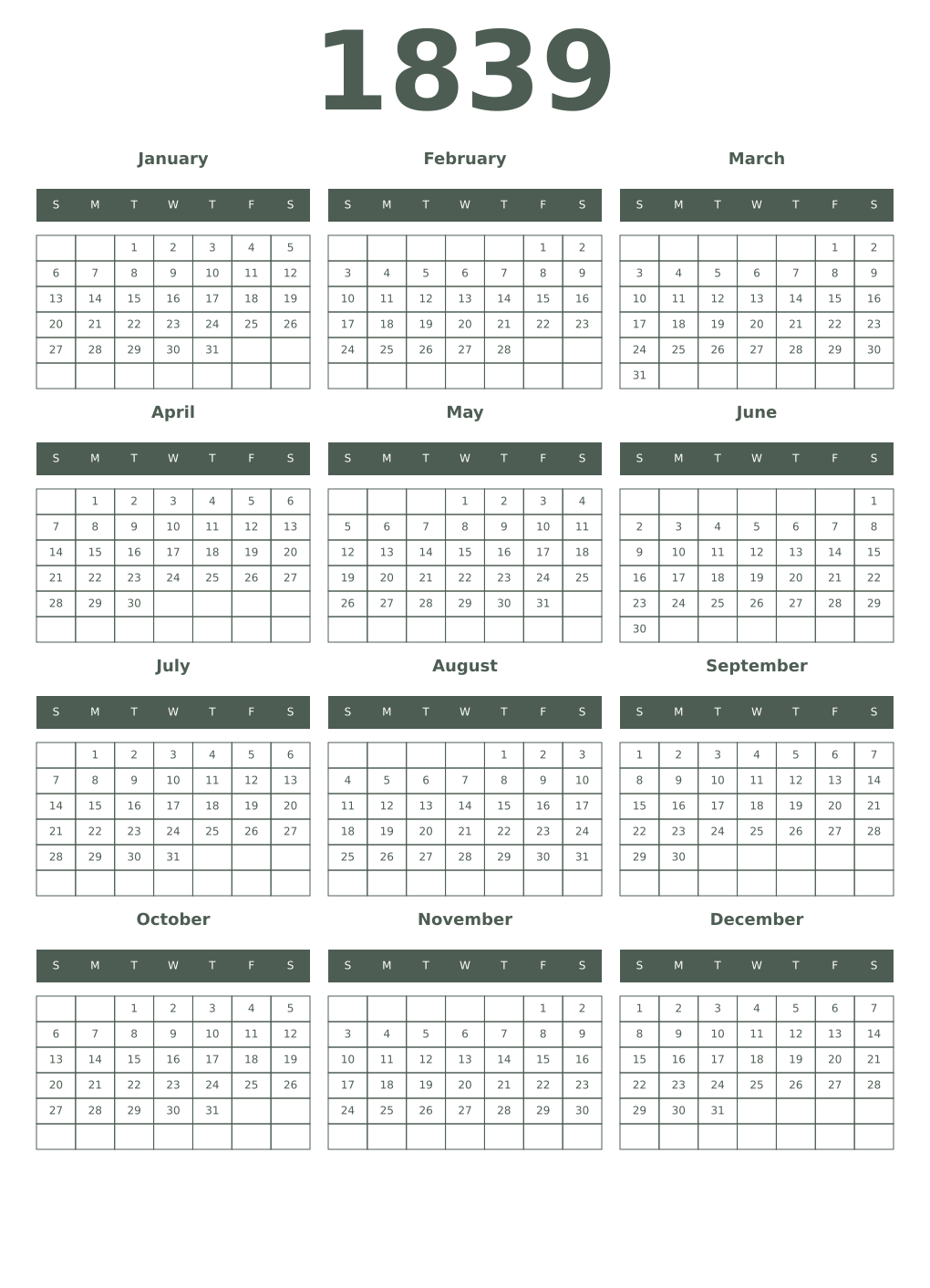 Printable 1839 Year Calendars feldgrau