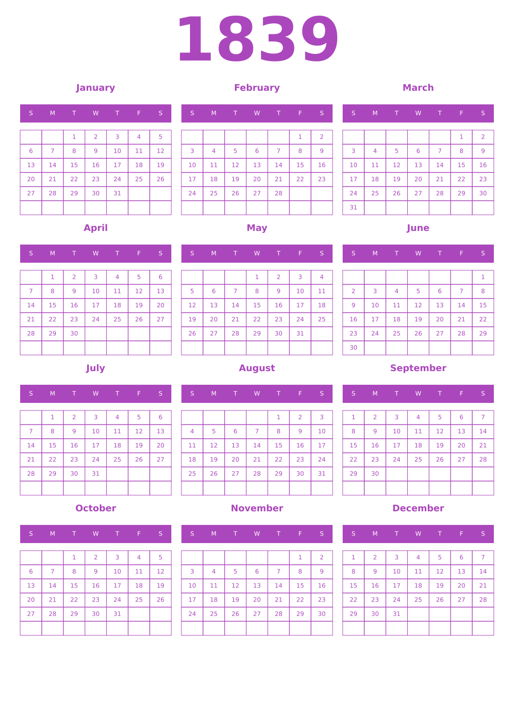 Printable 1839 Year Calendars purple