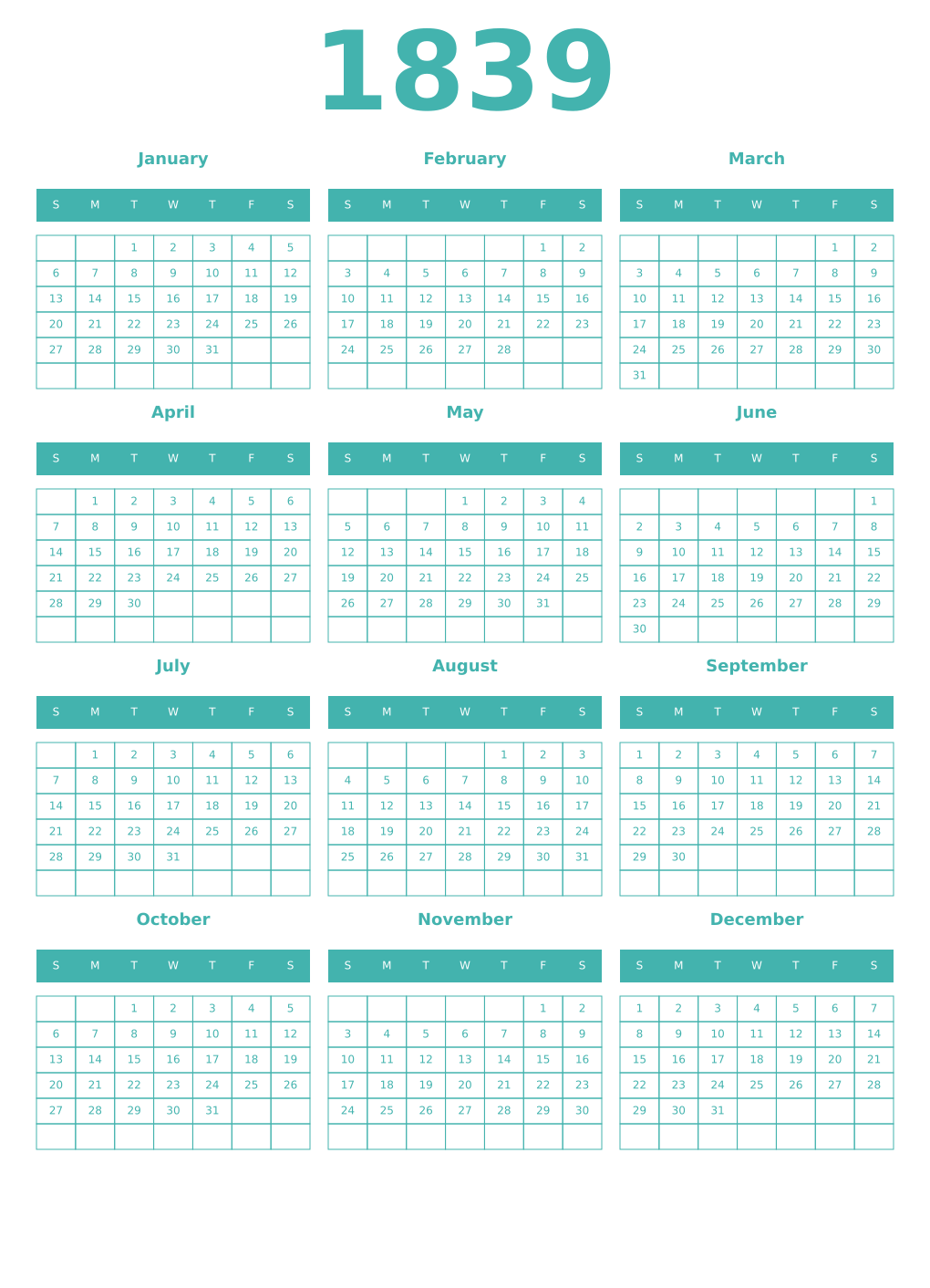 Printable 1839 Year Calendars verdigris