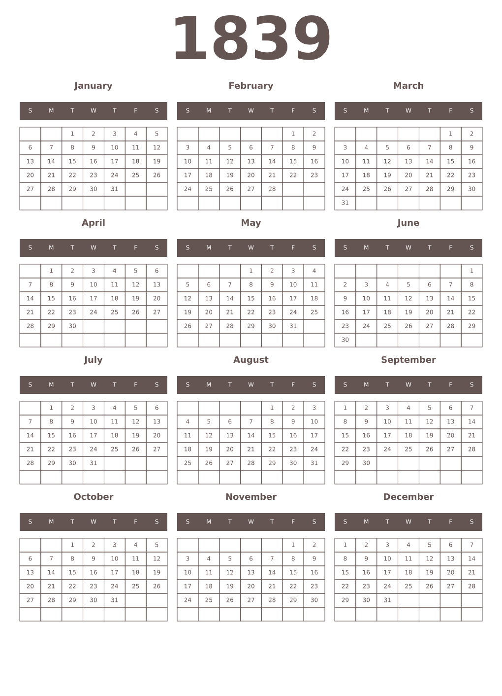 Printable 1839 Year Calendars wenge