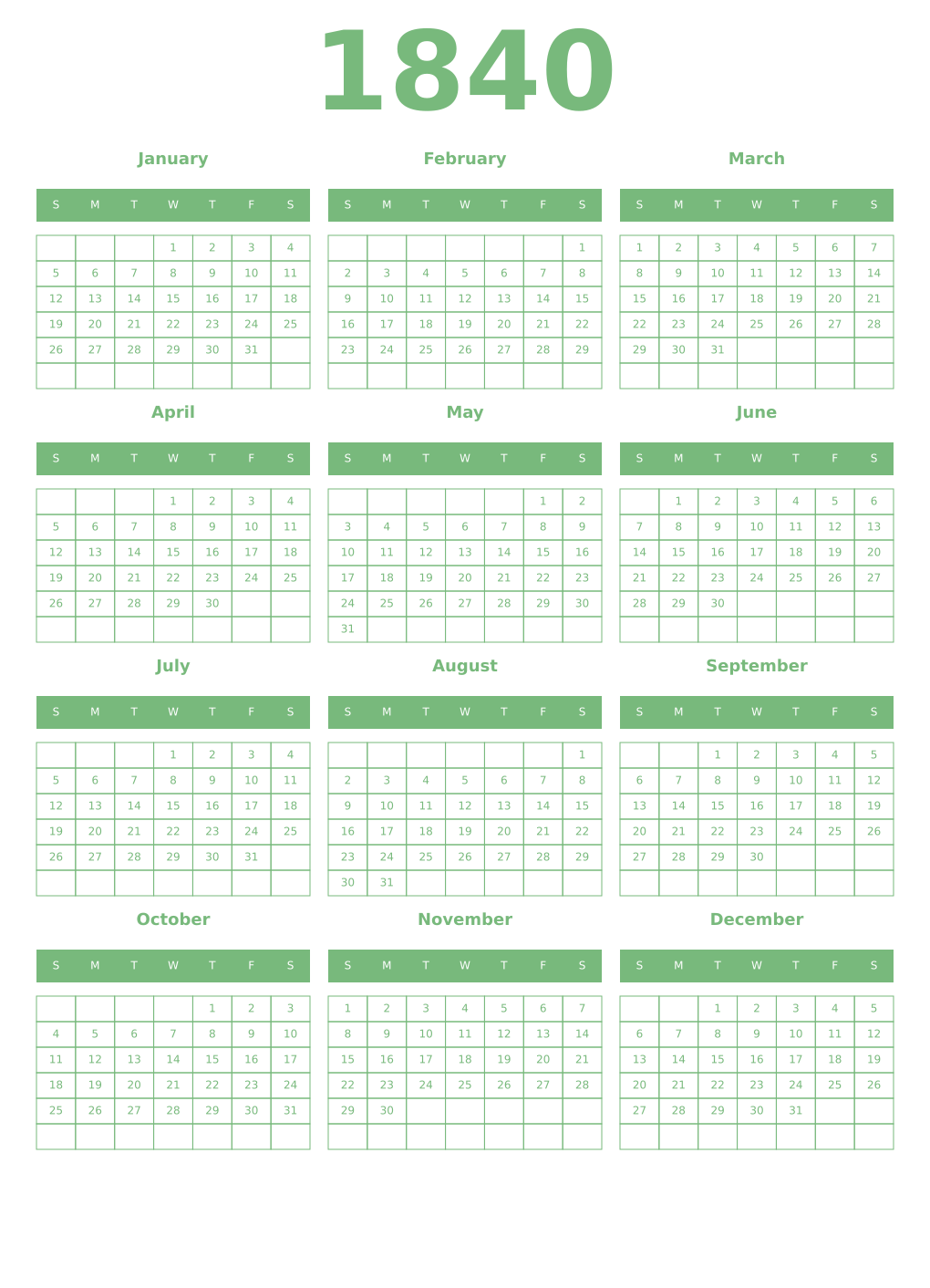 Printable 1840 Year Calendars celadon