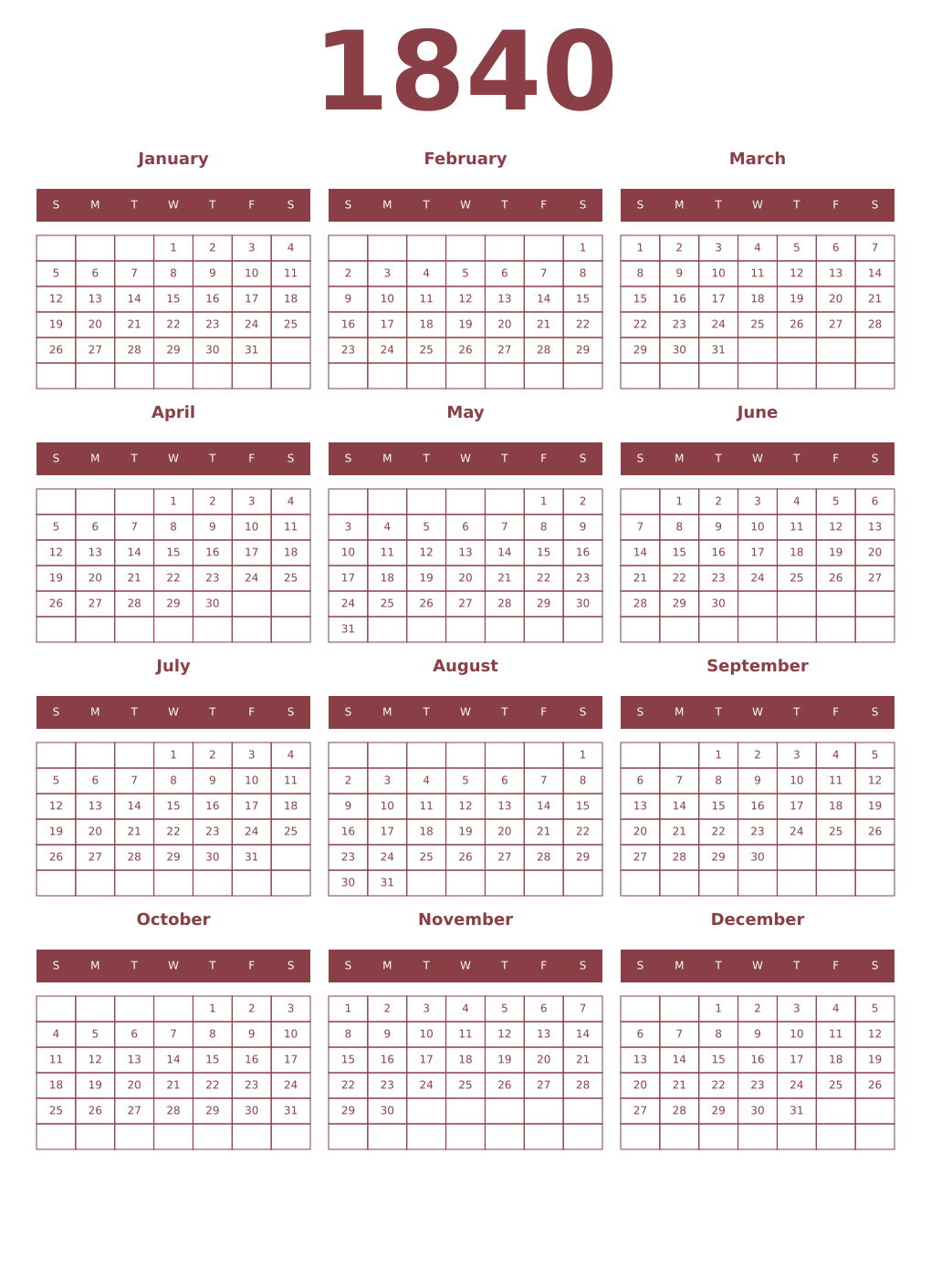 Printable 1840 Year Calendars cordovan