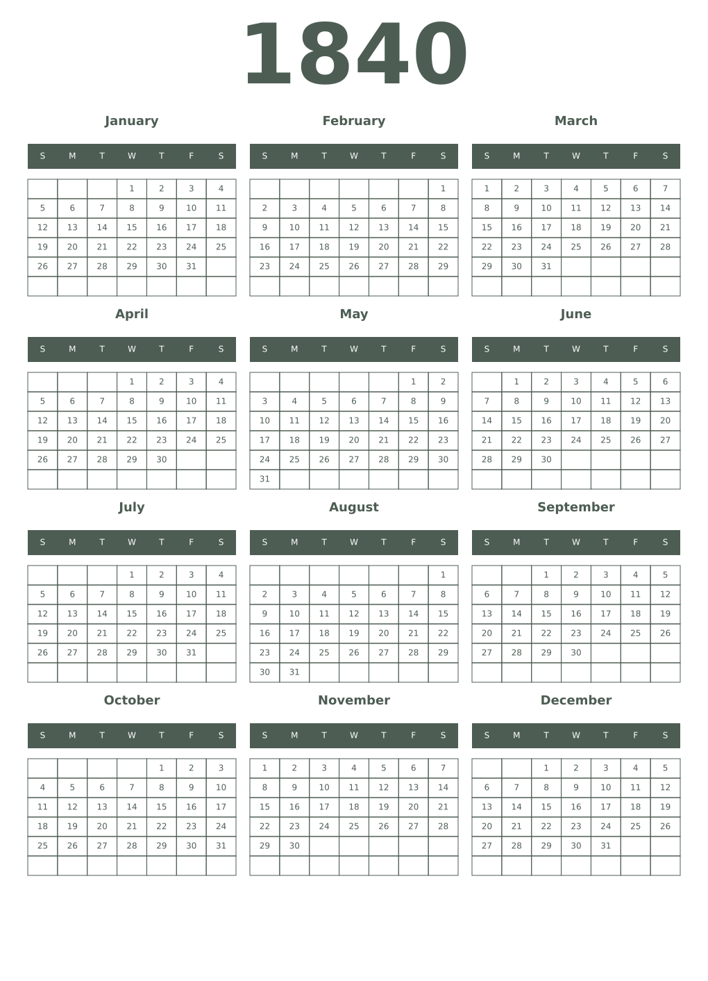Printable 1840 Year Calendars feldgrau