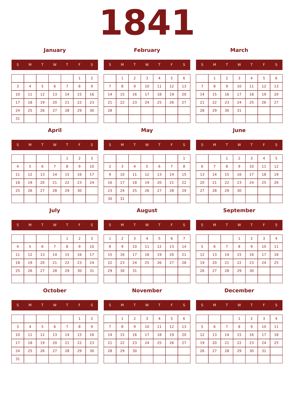Printable 1841 Year Calendars falu