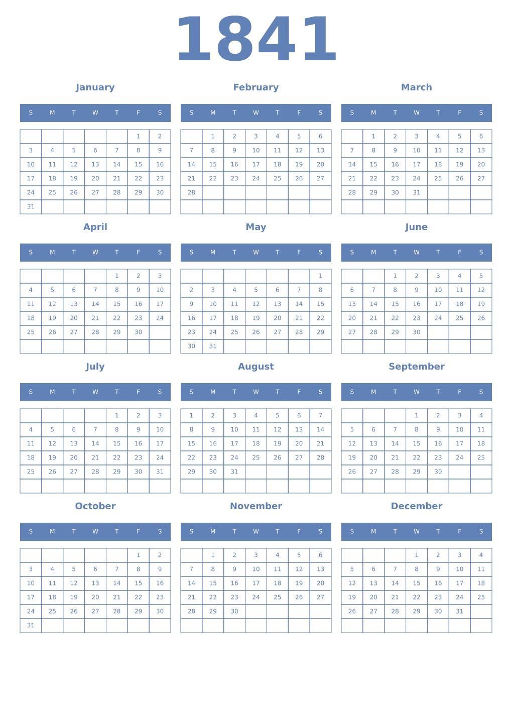 Printable 1841 Year Calendars glaucous