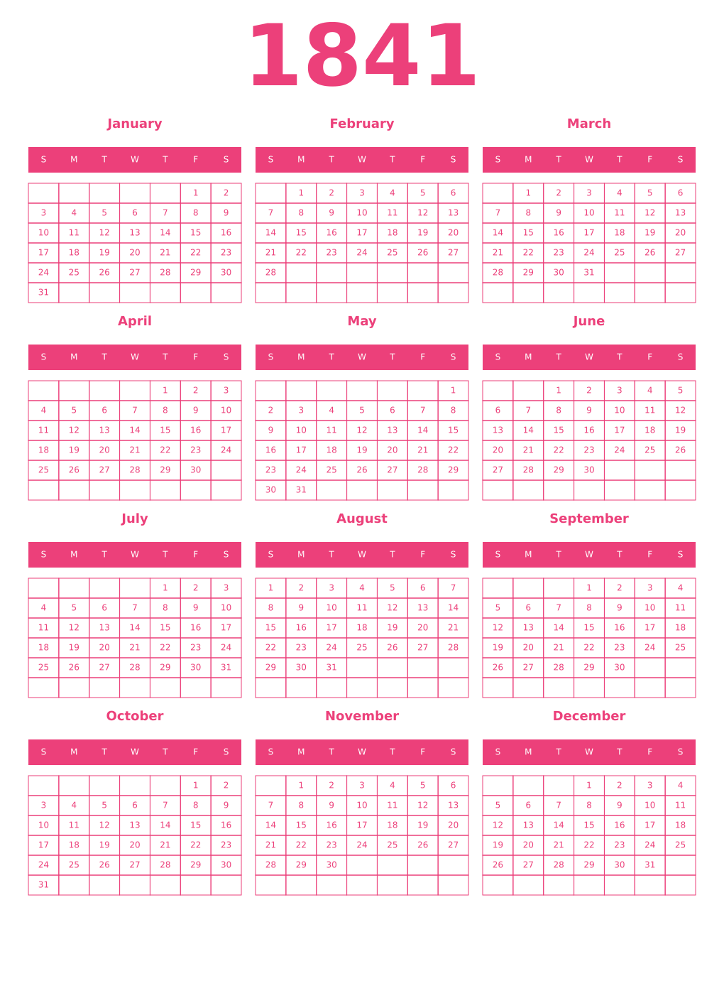 Printable 1841 Year Calendars pink