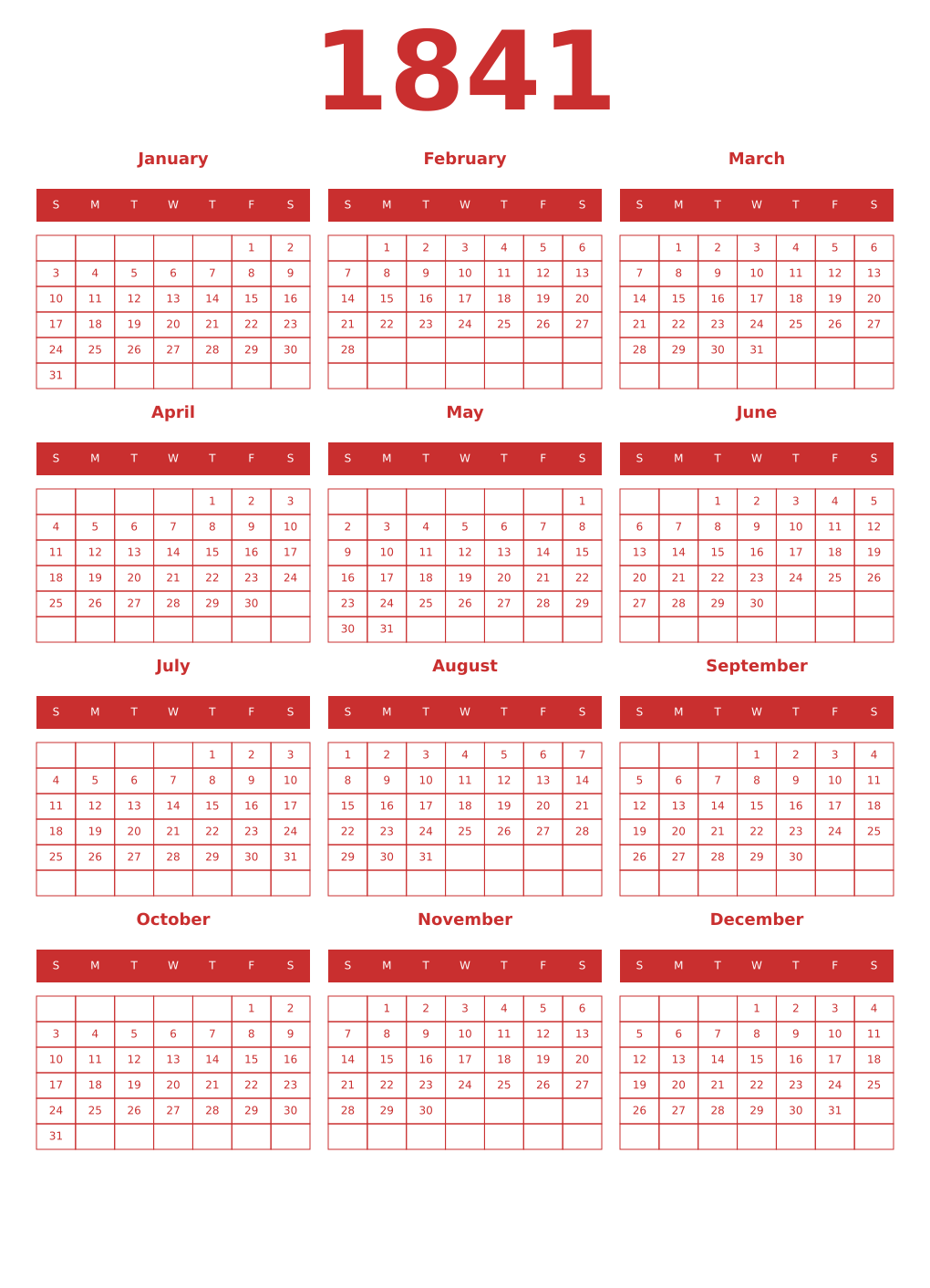 Printable 1841 Year Calendars red