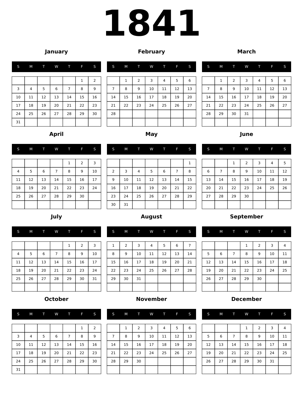 Printable 1841 Calendars