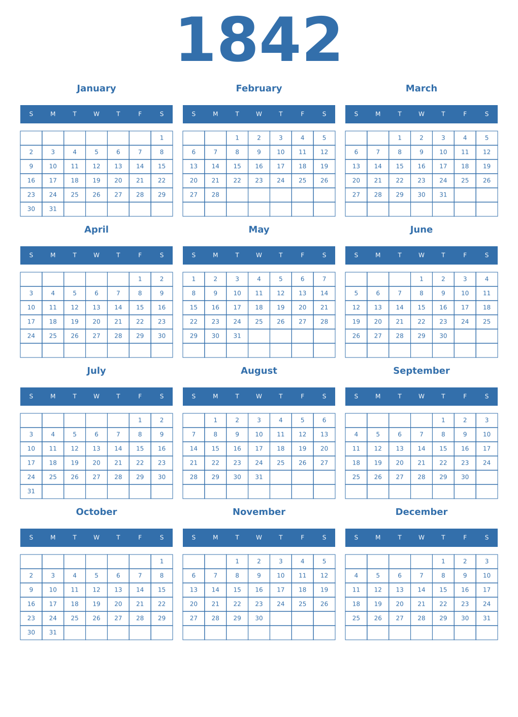 Printable 1842 Year Calendars blue